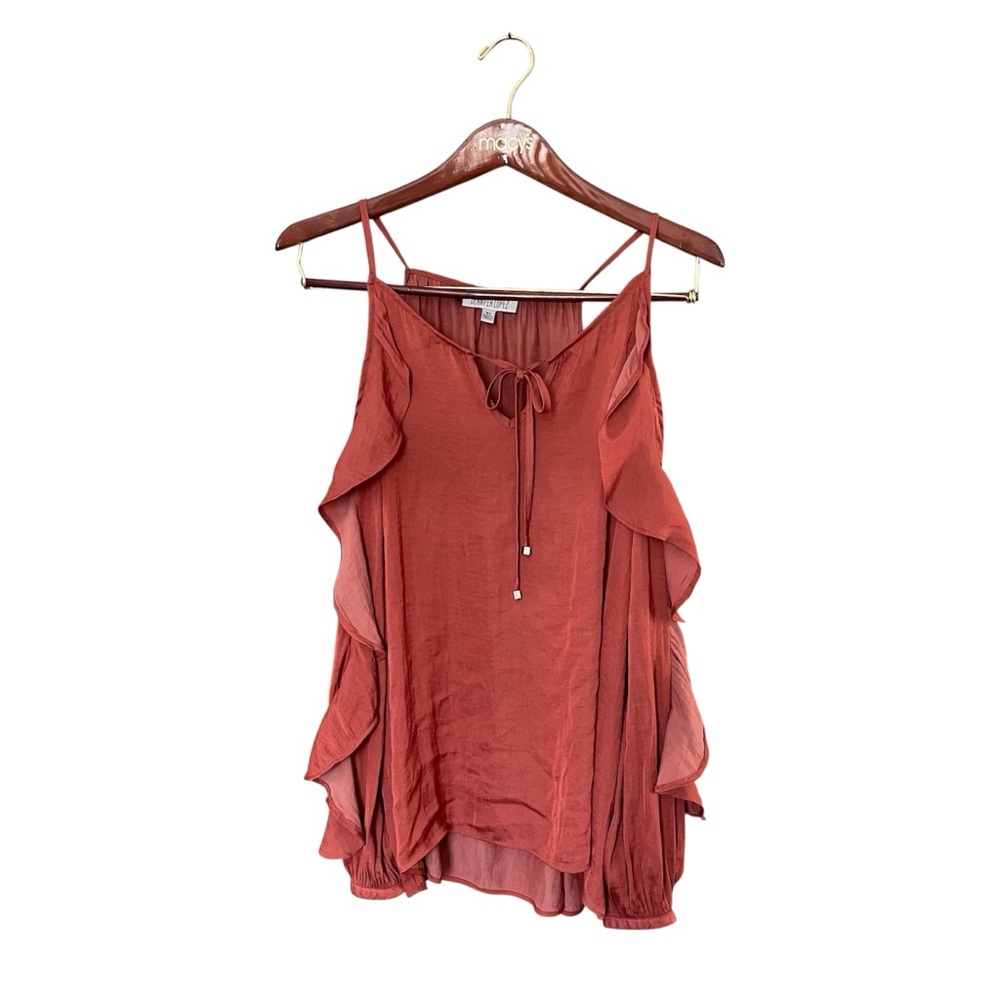 Jennifer Lopez Orange Satin Cold Shoulder Top XS Ruffle Sleeve Blouse